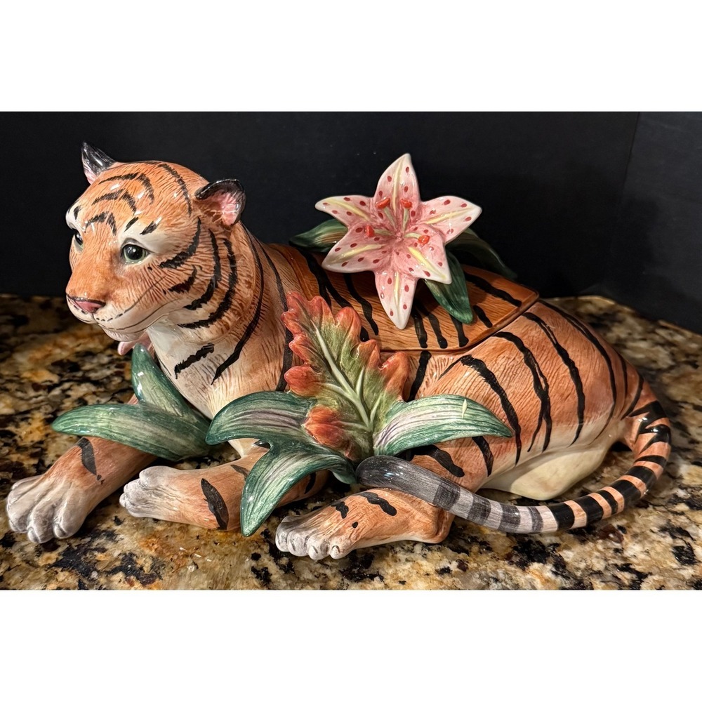 Fitz‎ Floyd Classics Exotic Jungle Tiger Lily Lidded Trinket Box READ